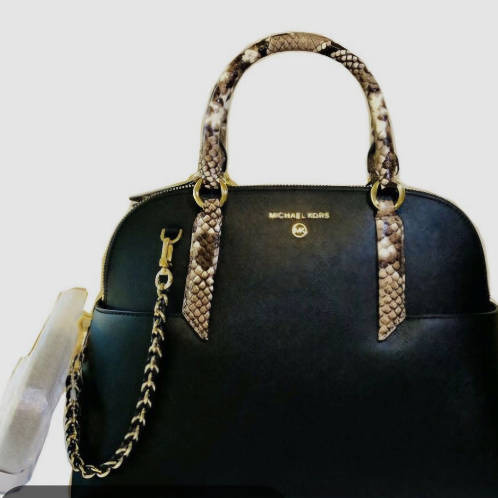 Michael Kors Hudson Medium Black Dome Satchel Crossbody Bag / Snakeskin Detail